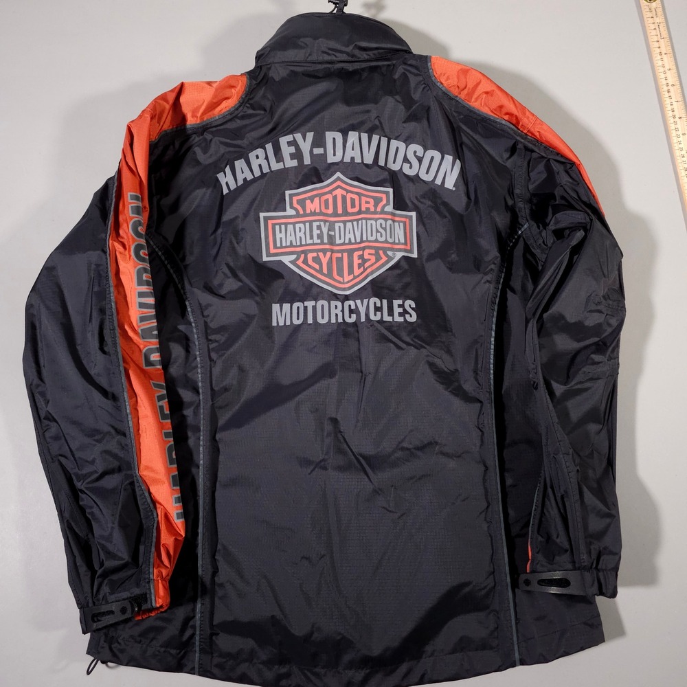 Harley Davidson Jacket Mens Medium Black Orange Windbreaker Packable Hood - Picture 8 of 11